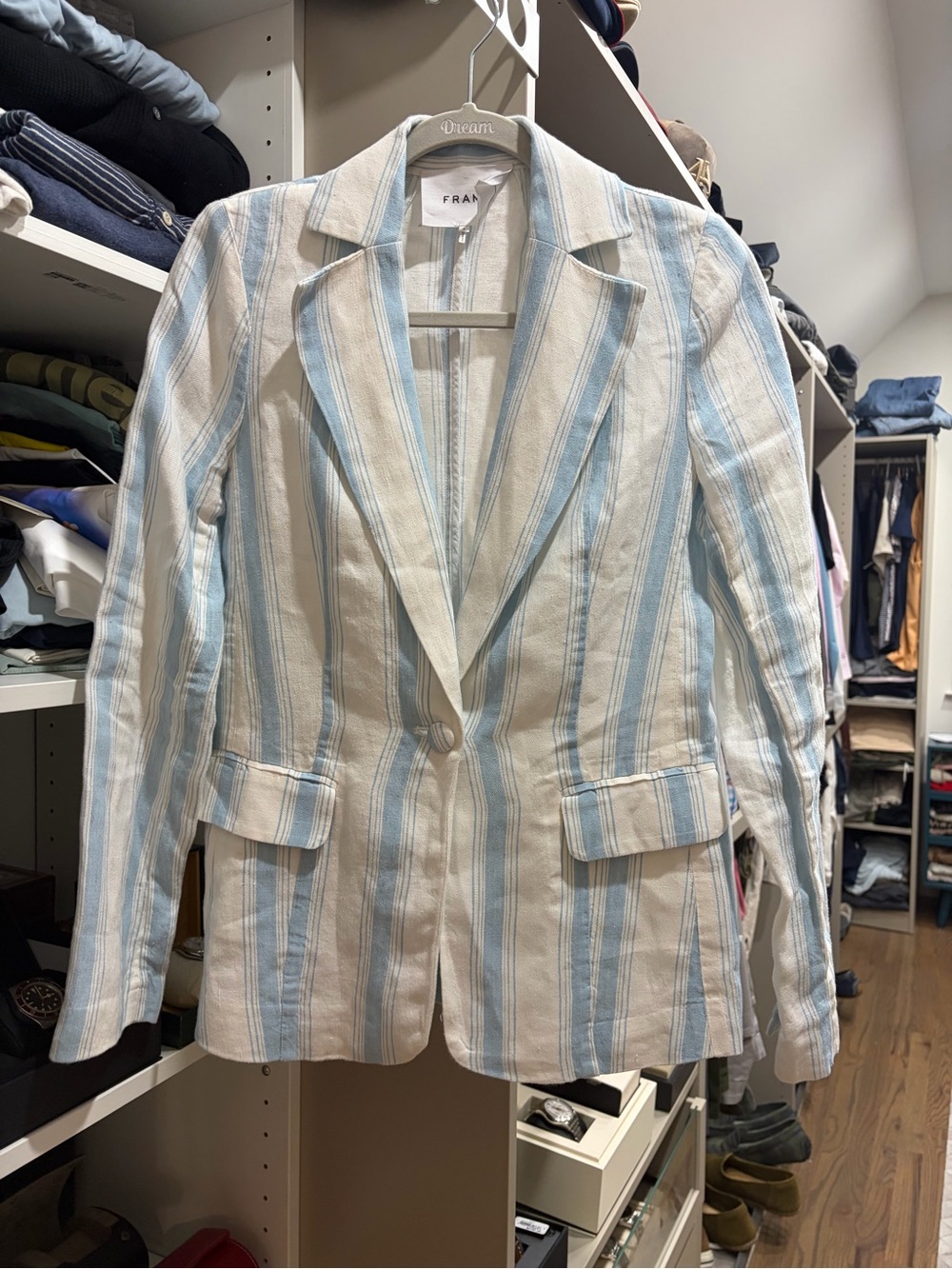 Frame Cream and Light Blue Striped Linen Blazer